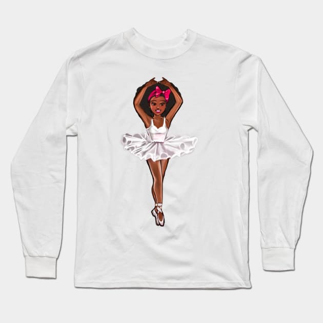 African American ballerina in white tutu and pink bow -#008 afro hair,brown skin ballerina Long Sleeve T-Shirt by Artonmytee